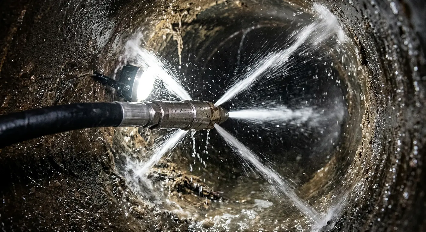 High-pressure hydro jetting nozzle cleaning sewer pipe for Sewer Line Relining in Yorba Linda