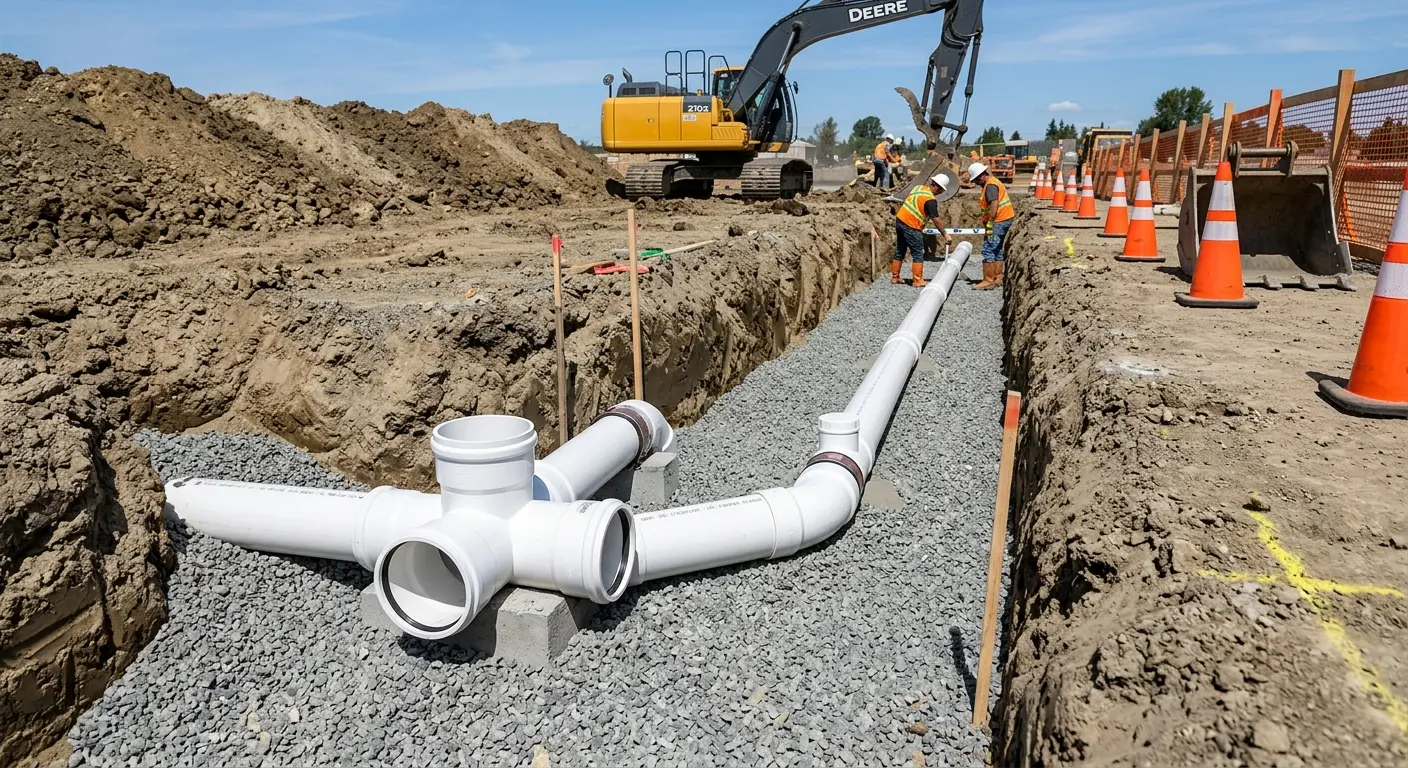 New PVC sewer pipe installation in open trench for Sewer Backup in Yorba Linda