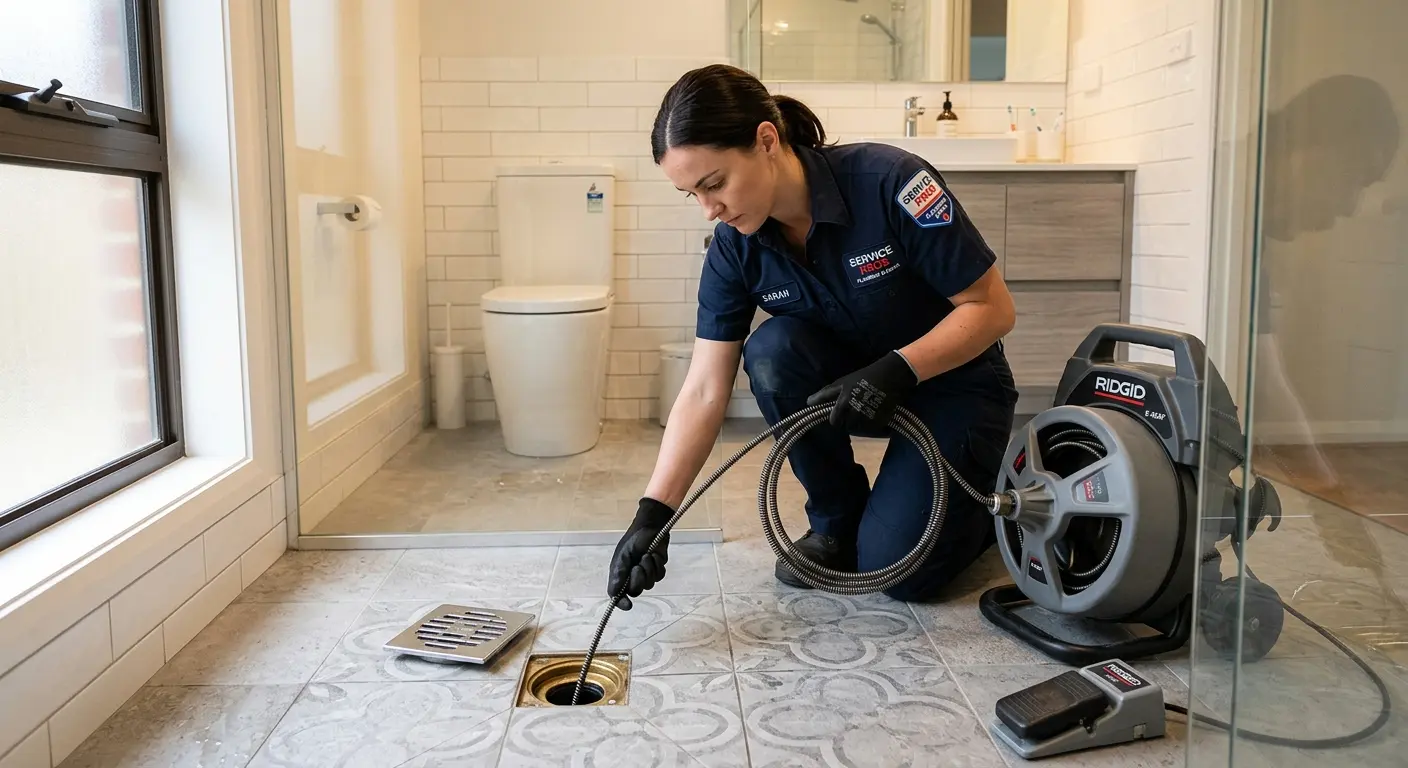 Technician clearing a bathroom floor drain for Drain Cleaning in Yorba Linda